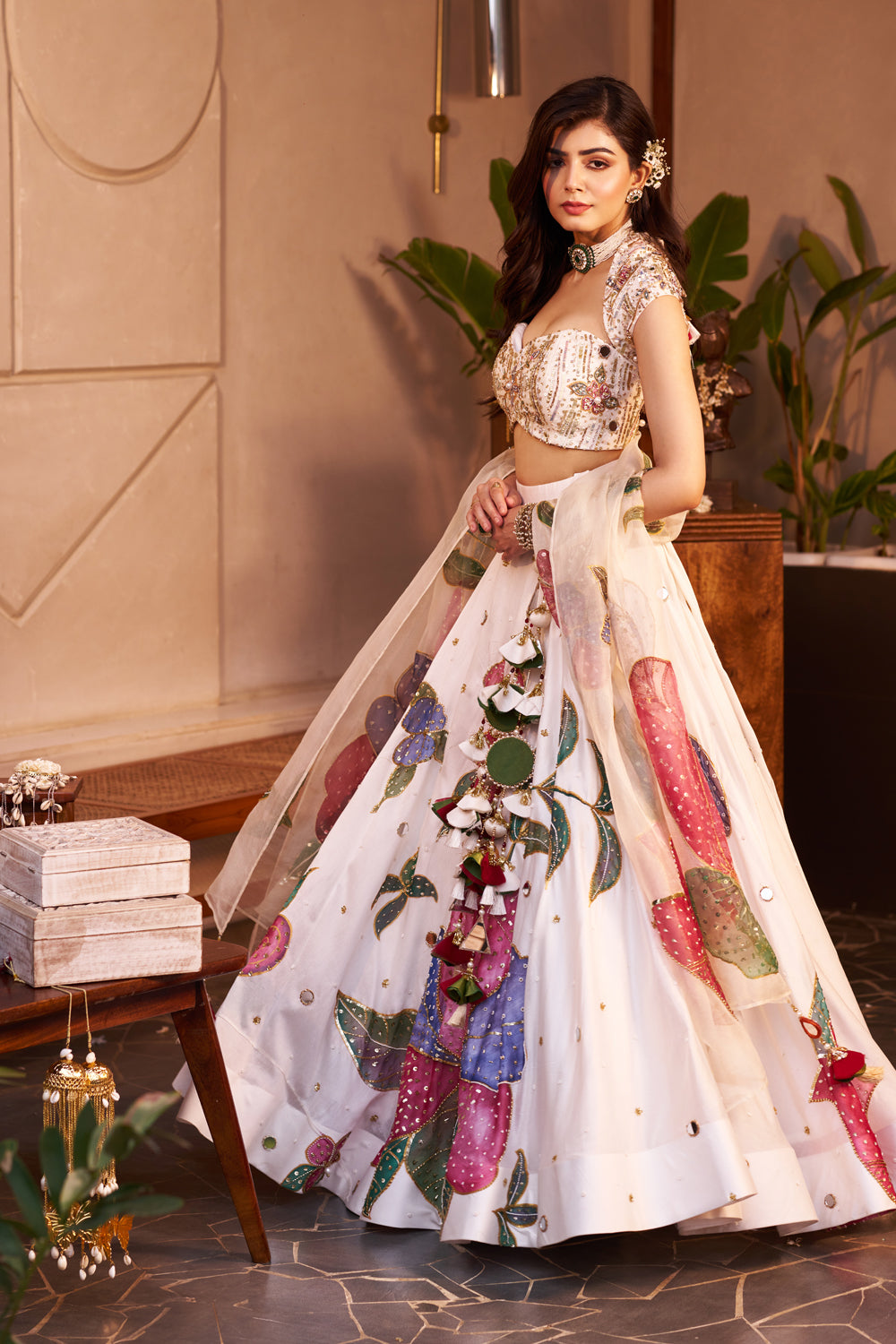 Nargis Ivory Kora Organza Floral Embellishment & Embroidered Lehenga Set