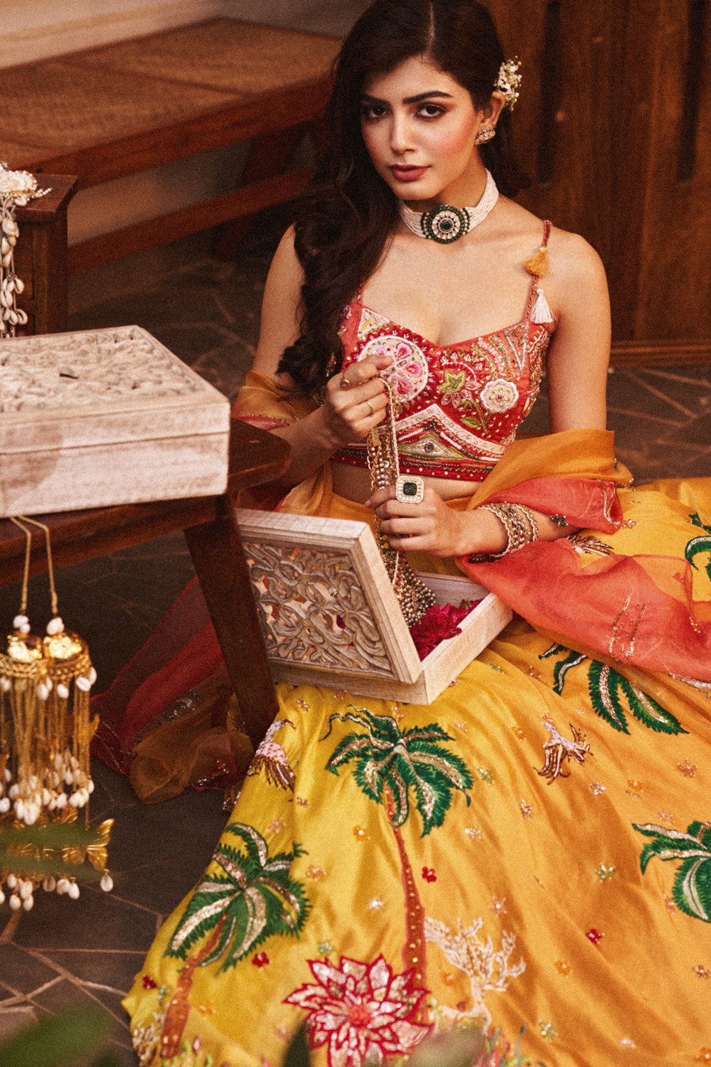 Aditi Yellow Chanderi Embroidered Thread Nature Patchwork Lehenga Set