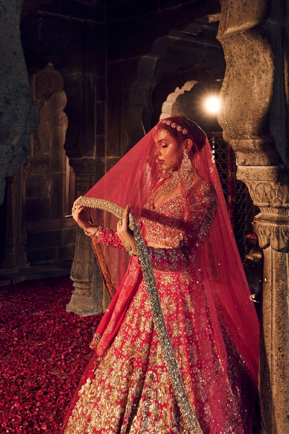 Mallika Jahan Red Dupion Silk Kora Organza Lining Shantoon Embellished Bridal Lehenga Set