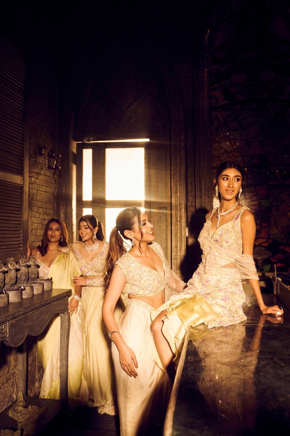 Virgo Green Ivory Ombre Embellished Sweetheart-Neck Satin Organza Net Drape Skirt Set with Dupatta