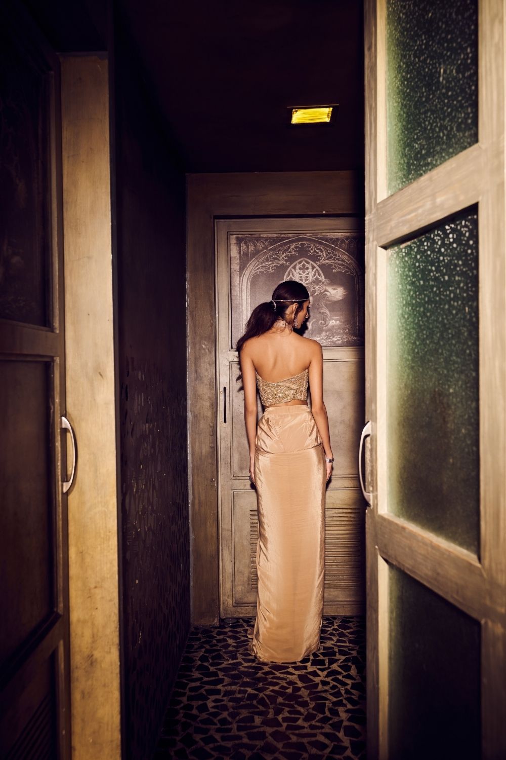 Selene Rushed Halter Neck Net Blouse with Pure Crepe Dhoti Skirt