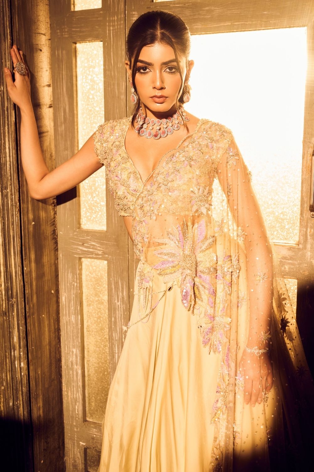 Lyra Green Ivory Ombre Embellished V-neck Satin Organza Net Lehenga with Dupatta