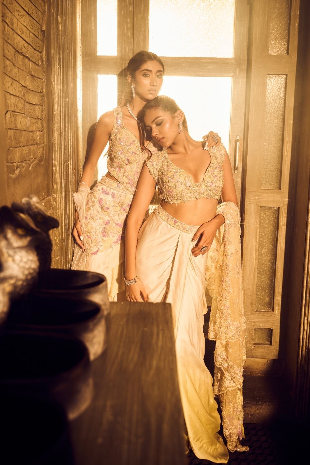 Virgo Green Ivory Ombre Embellished Sweetheart-Neck Satin Organza Net Drape Skirt Set with Dupatta