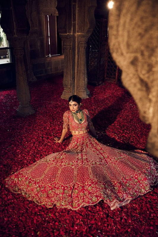 Sakina Hot Pink Satin Organza Kora Organza Lining Shanton Bridal Lehenga Set