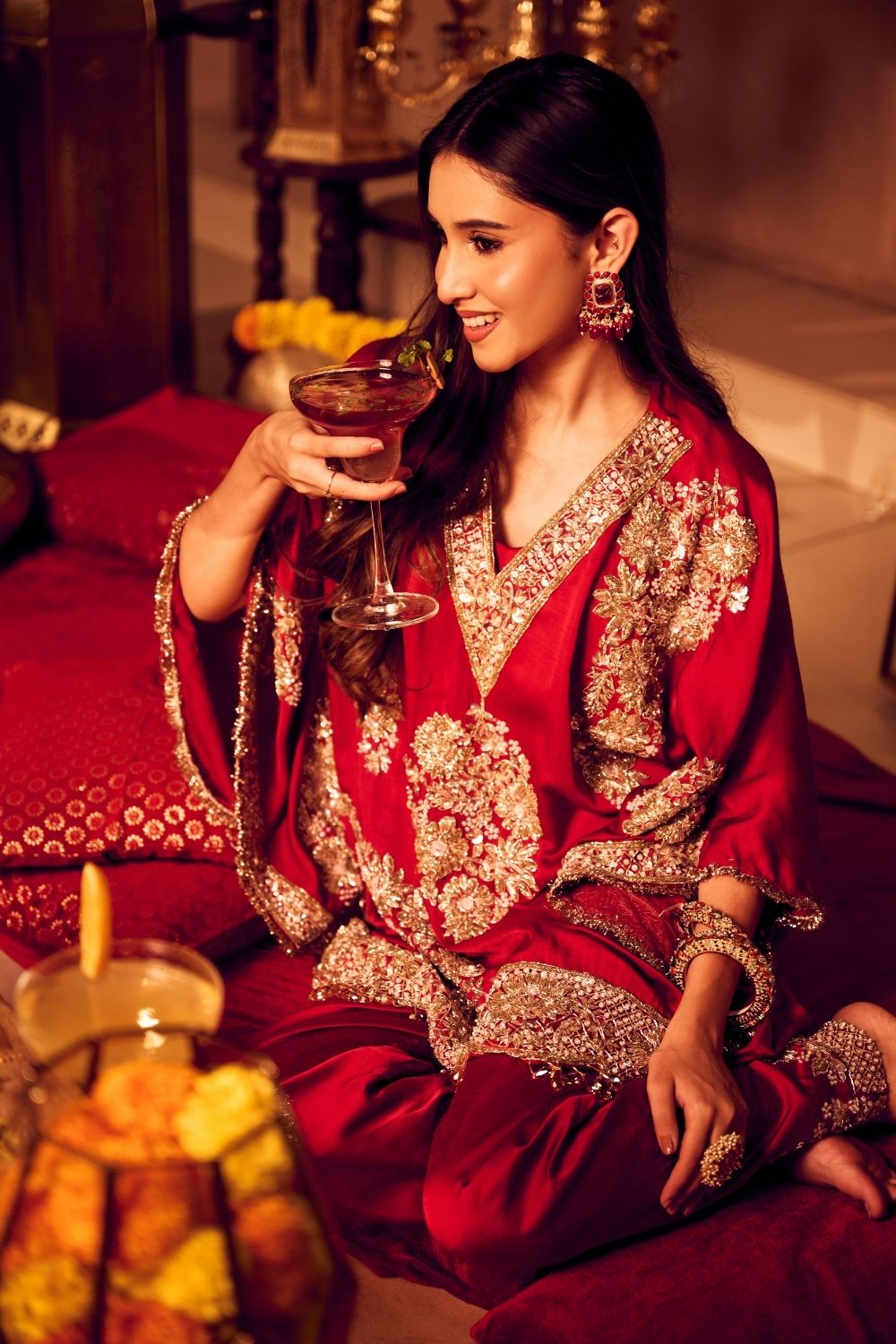 Seher Mahroon Satin Silk Lining Shantoon Gullistta Bloom Kaftan With Pants