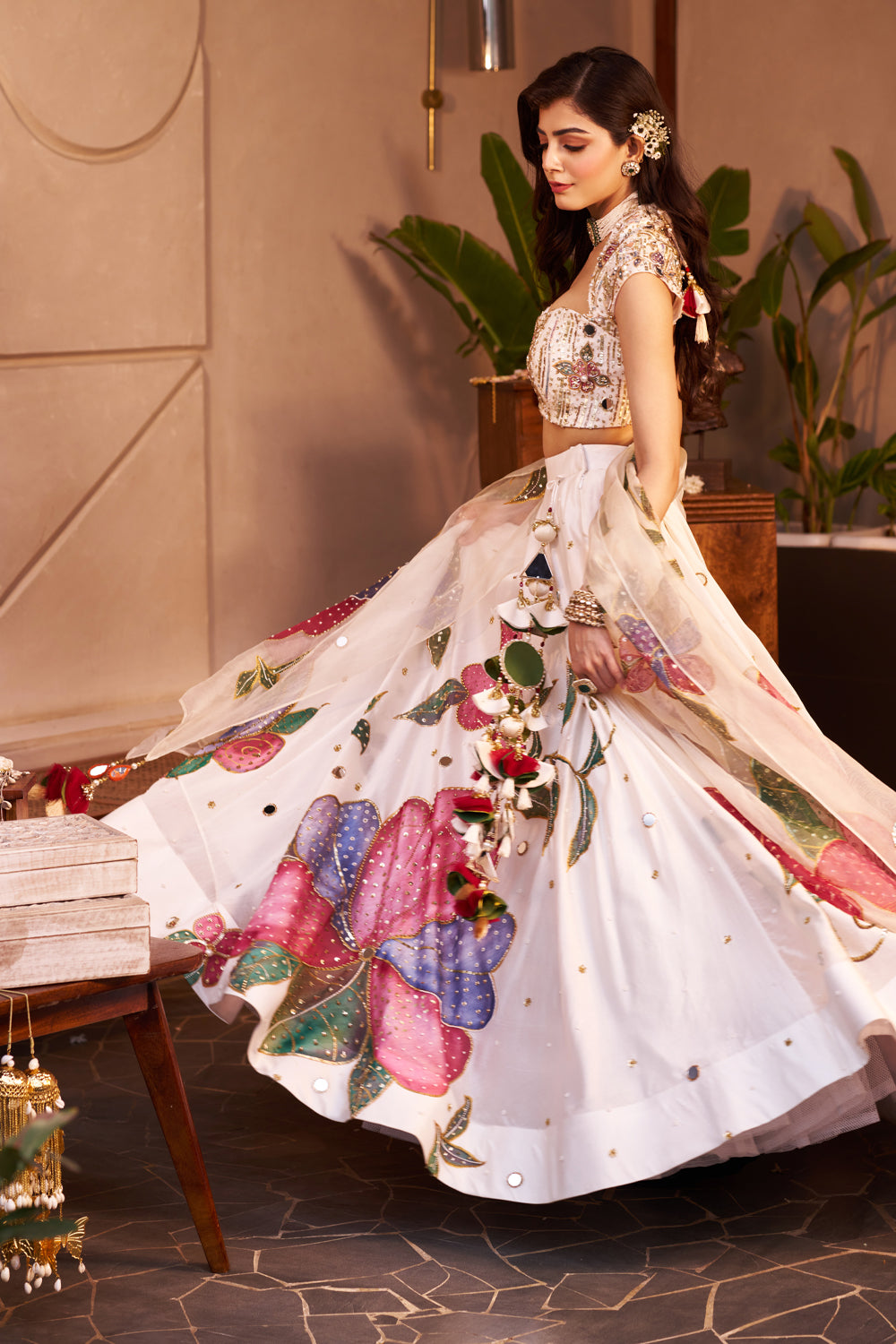 Nargis Ivory Kora Organza Floral Embellishment & Embroidered Lehenga Set