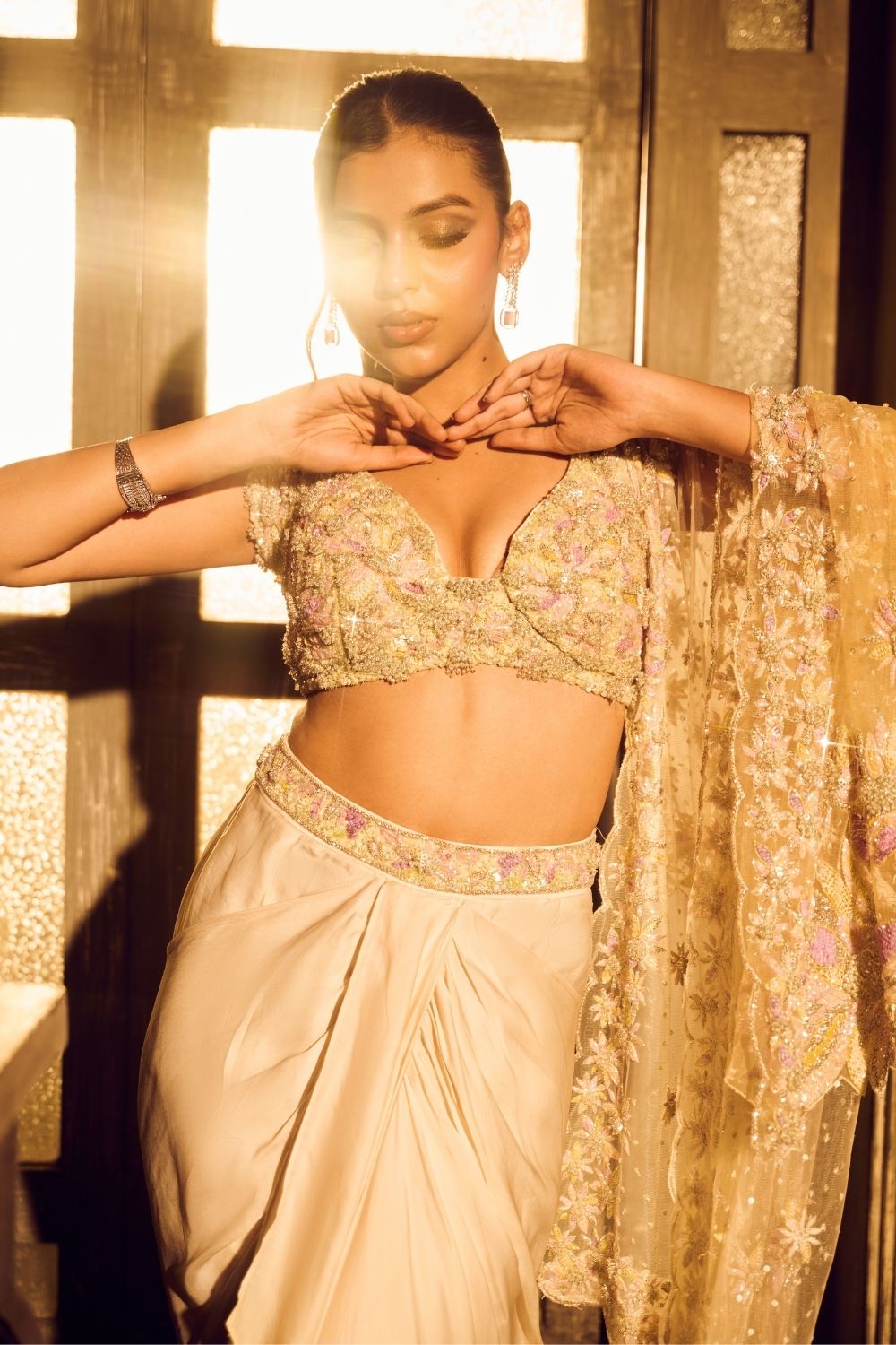 Virgo Green Ivory Ombre Embellished Sweetheart-Neck Satin Organza Net Drape Skirt Set with Dupatta