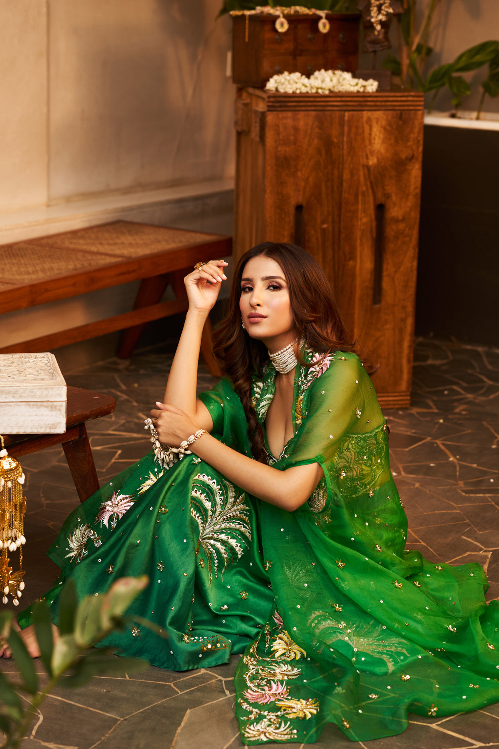 Laila Green Kora Organza Palm Tree Embellishment & Embroidered Cape And Pant Set