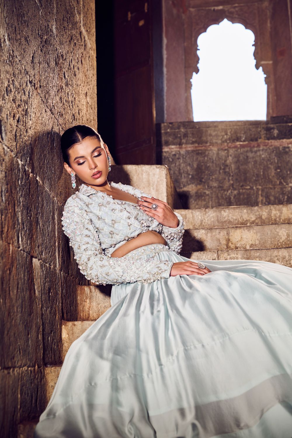 Glacielle Powder Blue Embellished Net, Satin and Organza Lehenga with Blouse and Jacket