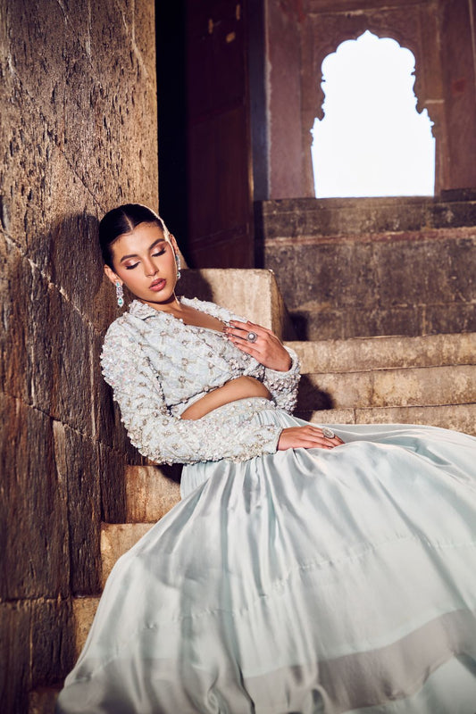 Glacielle Powder Blue Embellished Net, Satin and Organza Lehenga with Blouse and Jacket
