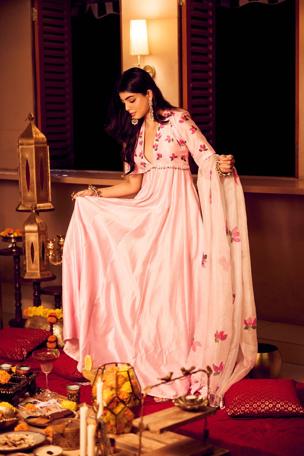 Blossom Baby Pink Chanderi Kora Hand Painted Anarkali with Dupatta