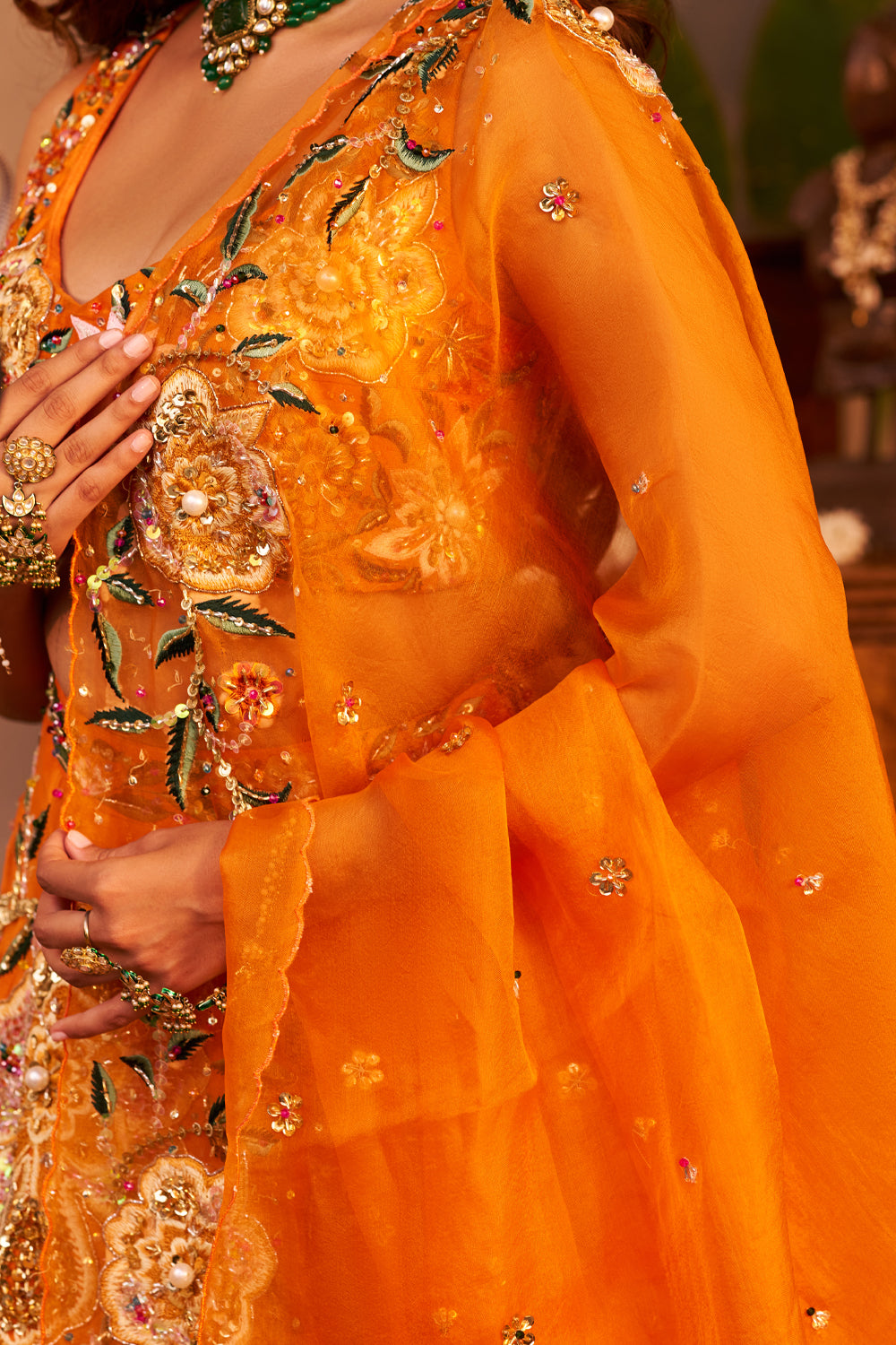 Shabnam Orange Kora Organza Embellished & Embroidered Kalidar Lehenga Set