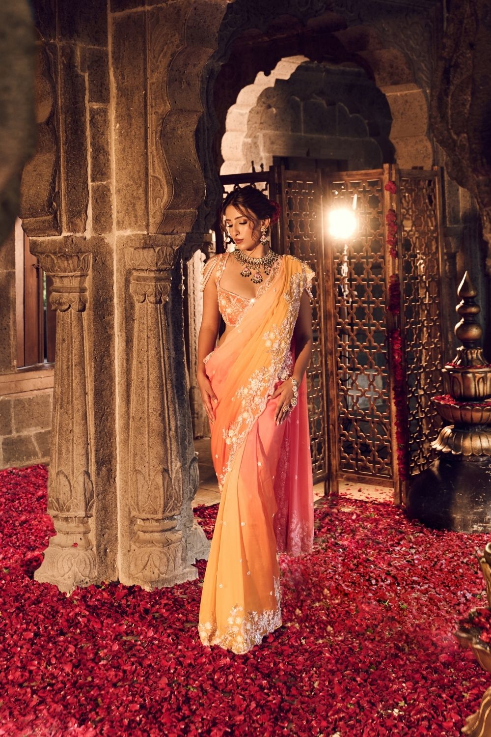 Zainab Orange Yellow Viscose Organza Lining Shantoon Floral Saree With Blouse