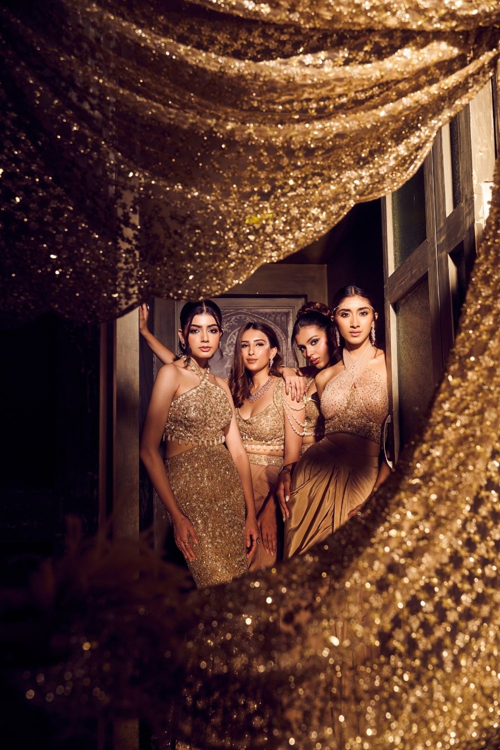 Selene Rushed Halter Neck Net Blouse with Pure Crepe Dhoti Skirt