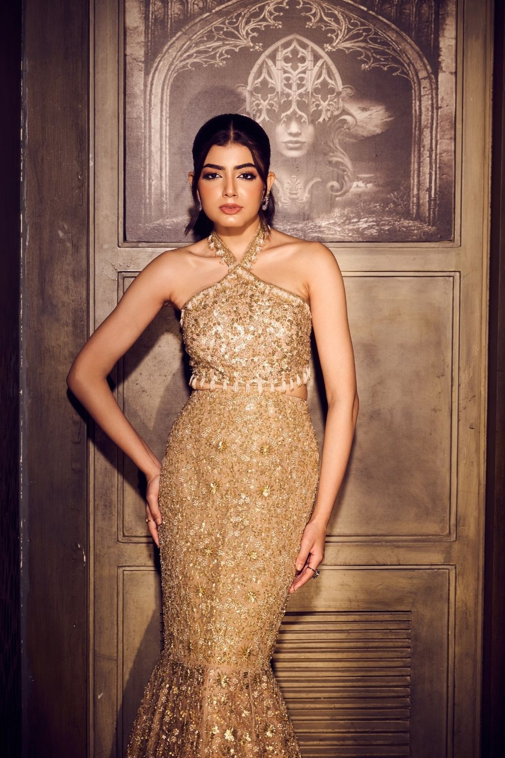 Elysian Golden Net Fishcut Gown