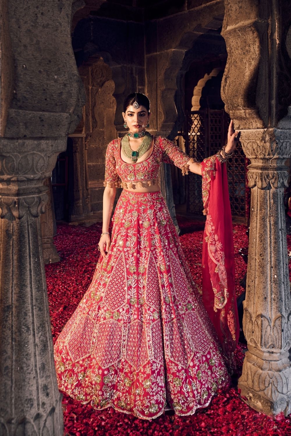 Sakina Hot Pink Satin Organza Kora Organza Lining Shanton Bridal Lehenga Set