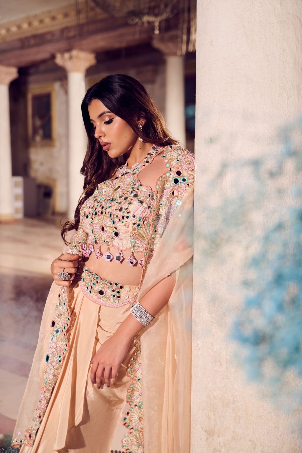 Sahiba Cream Mirrorwork Drape Skirt with Bustier and Cape