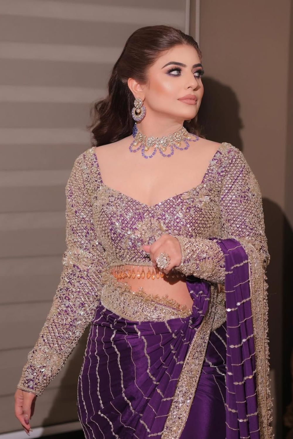 Aastha Nagpal in Riyaaz Purple Organza Lining Shantoon Phool Bahar Border Saree With Blouse