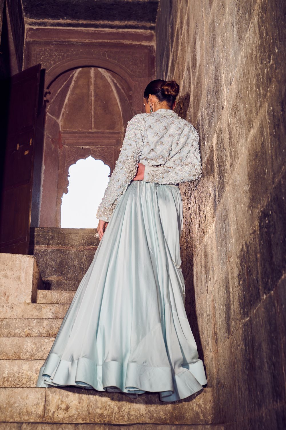 Glacielle Powder Blue Embellished Net, Satin and Organza Lehenga with Blouse and Jacket