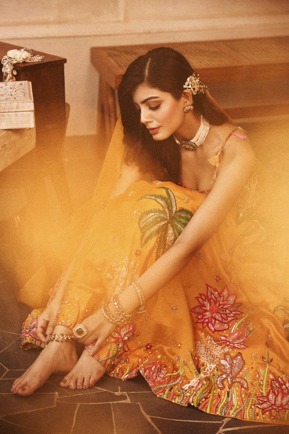 Aditi Yellow Chanderi Embroidered Thread Nature Patchwork Lehenga Set