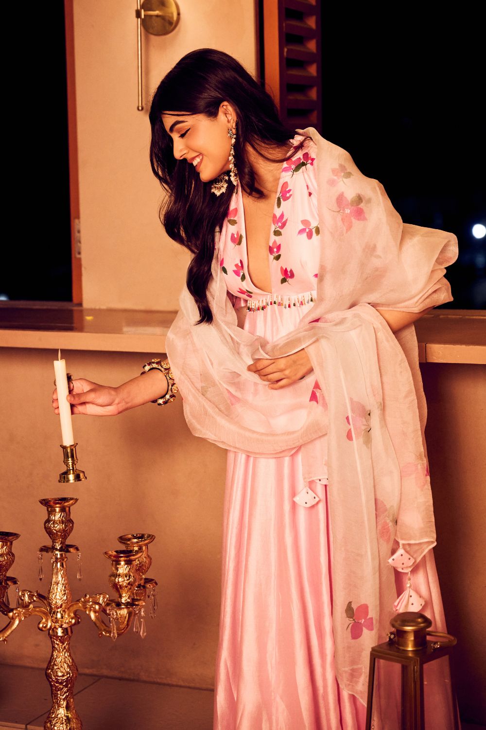 Blossom Baby Pink Chanderi Kora Hand Painted Anarkali with Dupatta