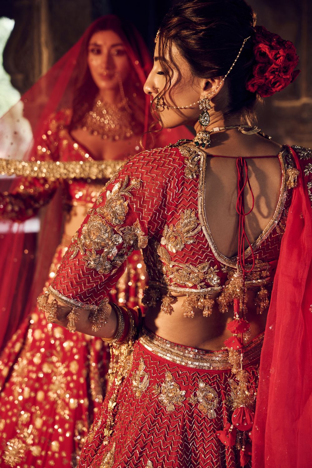 Mariam Deep Red Crepe Kora Organza Lining Shantoon Bridal Lehenga Set