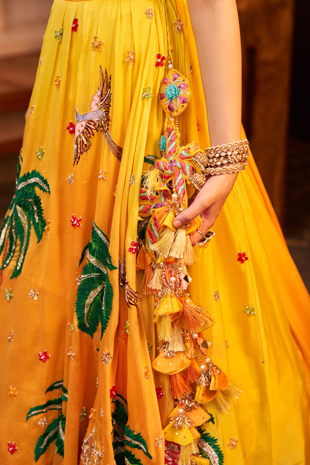 Aditi Yellow Chanderi Embroidered Thread Nature Patchwork Lehenga Set