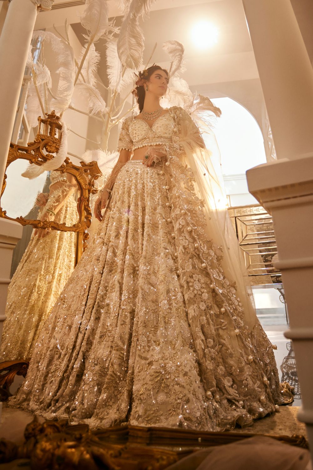 Aphrodite Ivory Embellished Crepe Lehenga and Sweetheart Neck Blouse and Dupatta