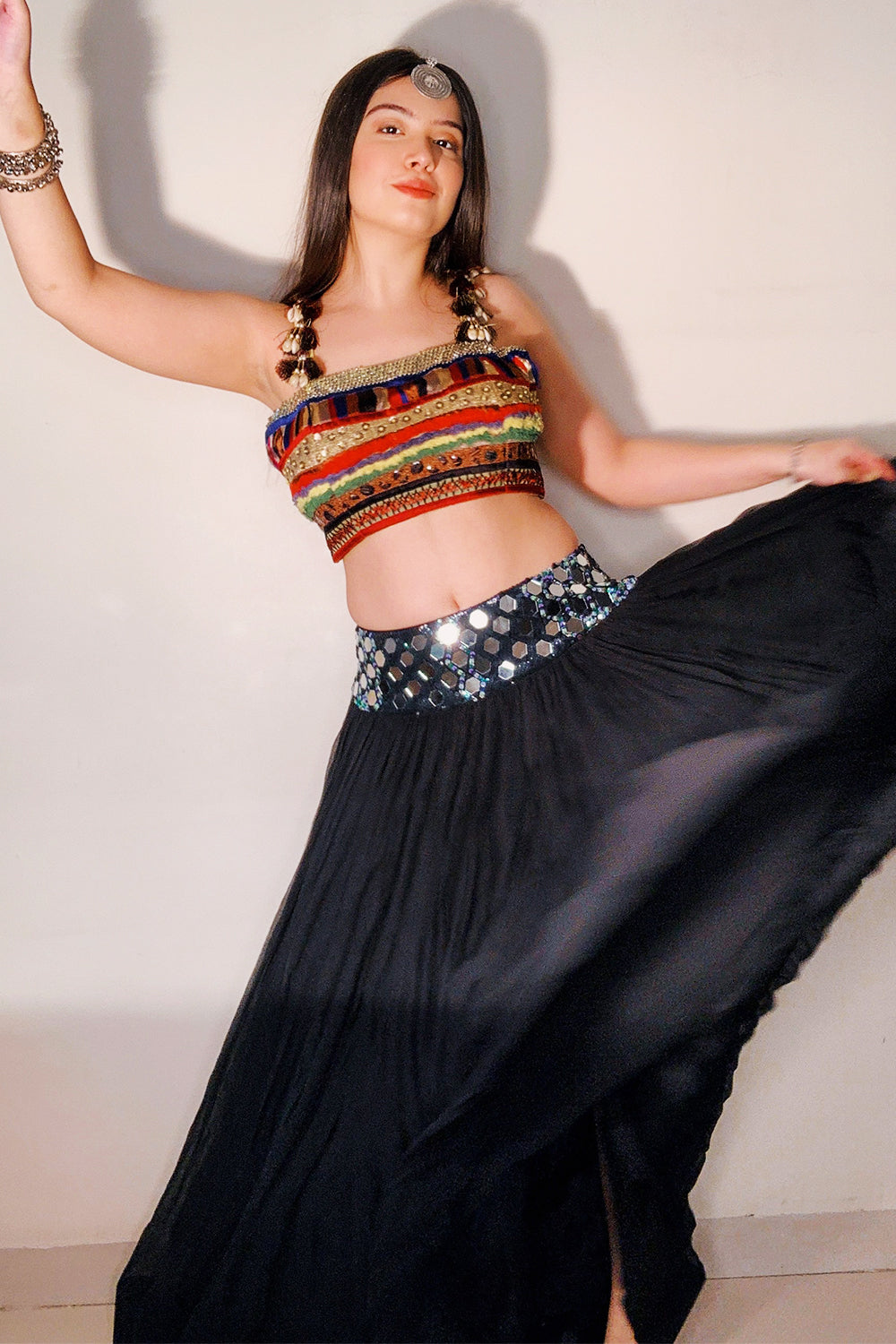 BLACK MULTICOLORED TOP AND SKIRT SET (6925844775095)