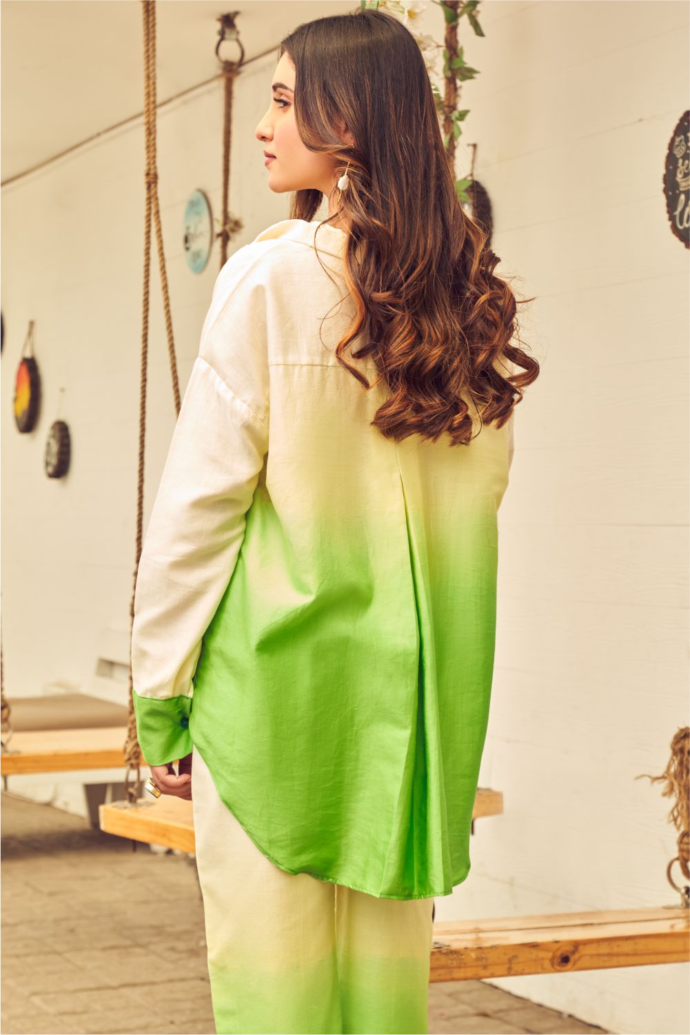 Boho Lime And Green Ombre Oversized Shirt With Pants (8007390298358)