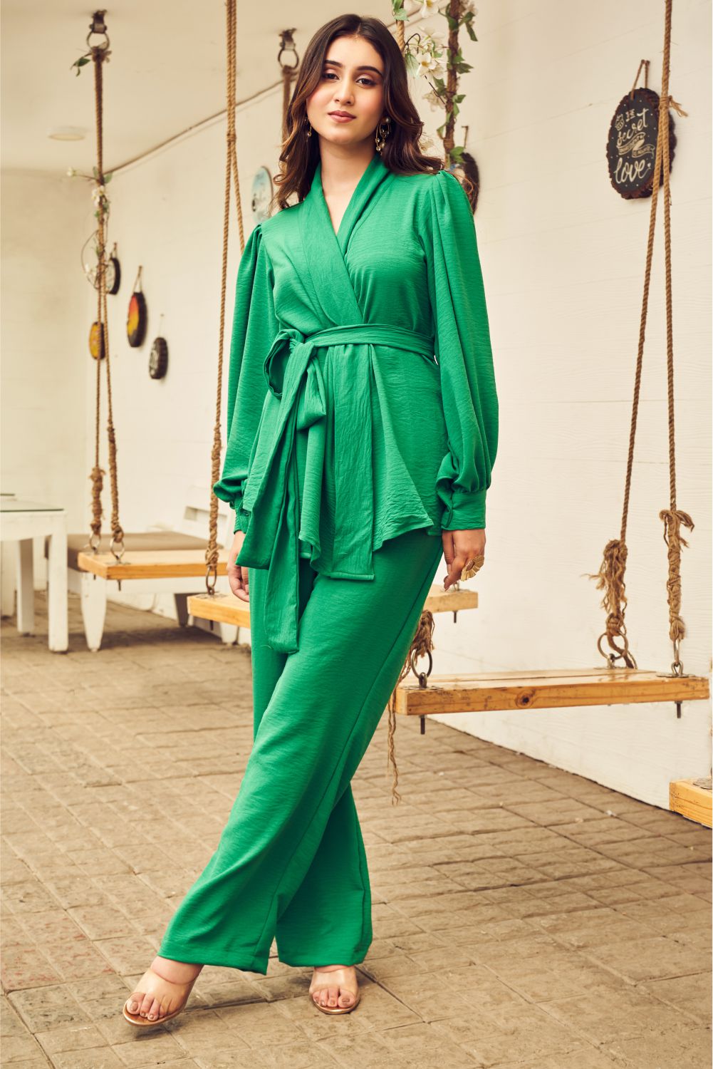 Boho Green Viscose Tie up Top With Pants (8007390724342)