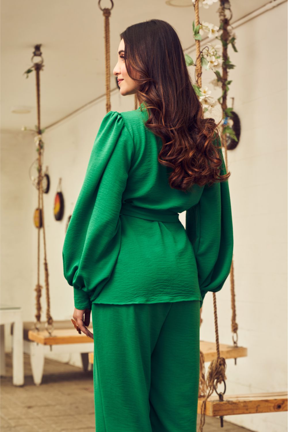 Boho Green Viscose Tie up Top With Pants (8007390724342)