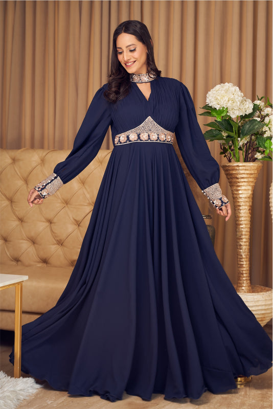 Navy Blue Jumpsuit with Ruched Body and Embellishments (7960728895734)