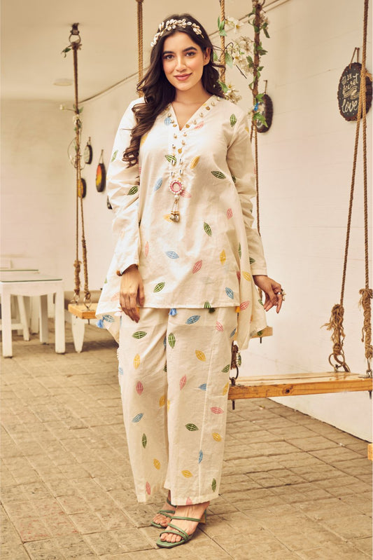 Boho White Printed Short Kurti And Pant Set (8007391740150)
