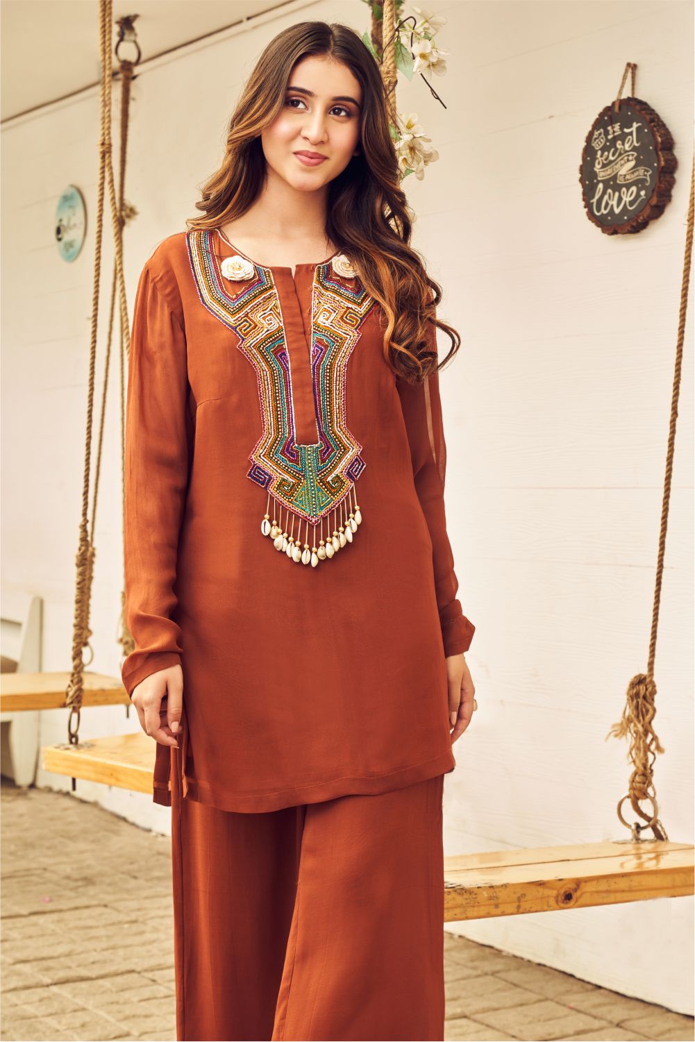 Boho Brown Embellished Kurti With Pants (8007392395510)