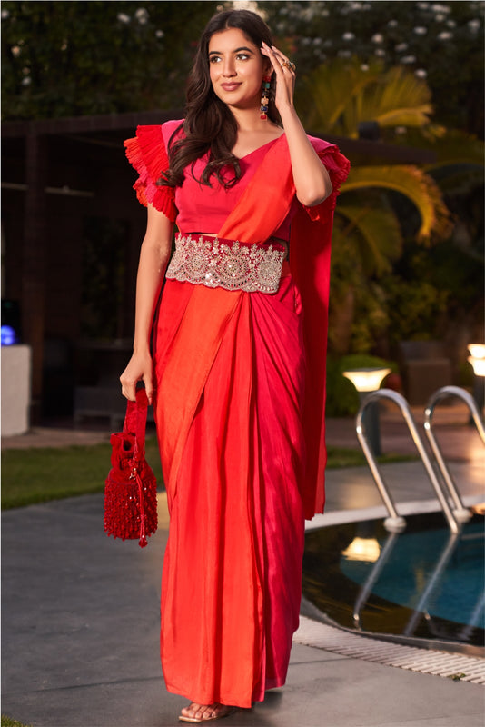 Red Ombre Saree With A Tie Up Belt (7962169737462)