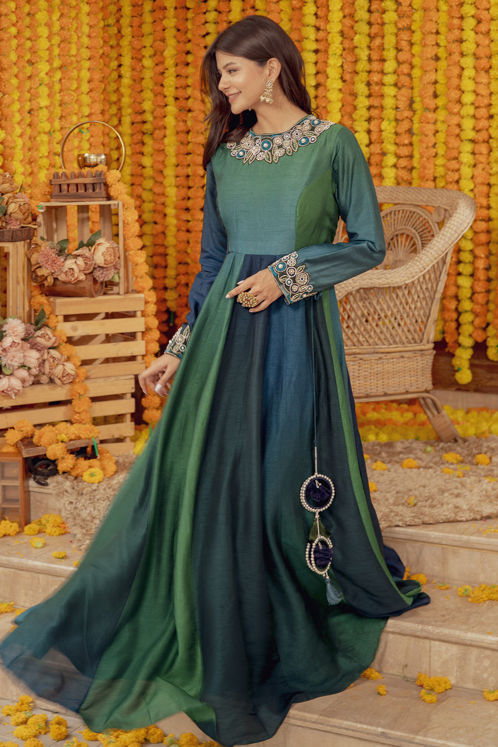 GREEN OMBRE EMBELLISHED FIT AND FLARE DRESS WITH TASSELS (7758598373622)