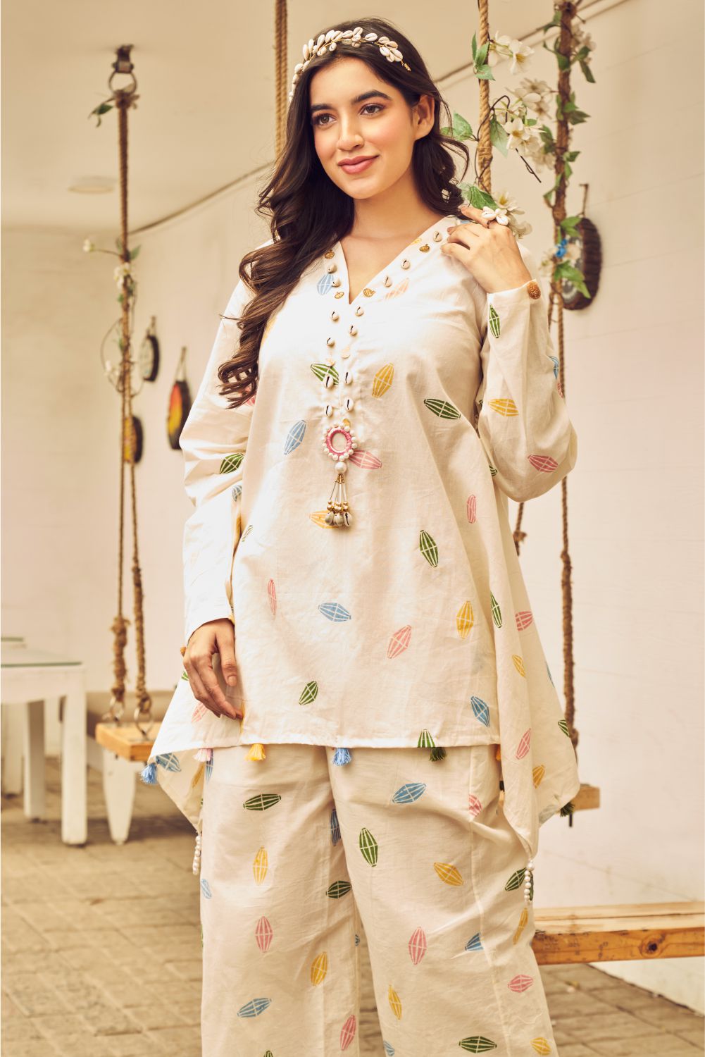 Boho White Printed Short Kurti And Pant Set (8007391740150)