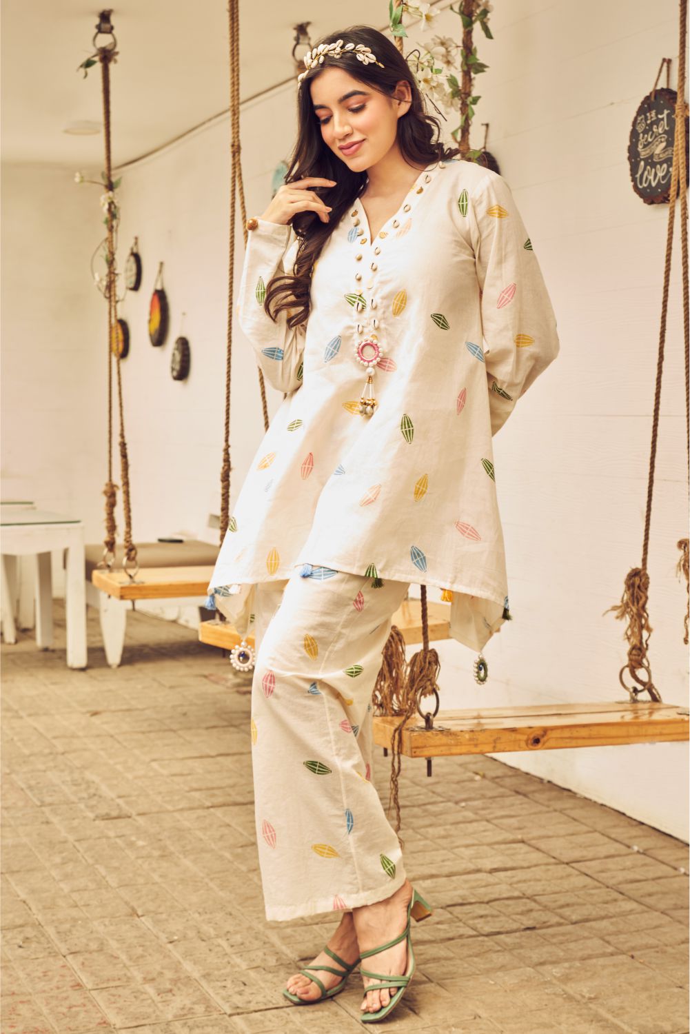 Boho White Printed Short Kurti And Pant Set (8007391740150)