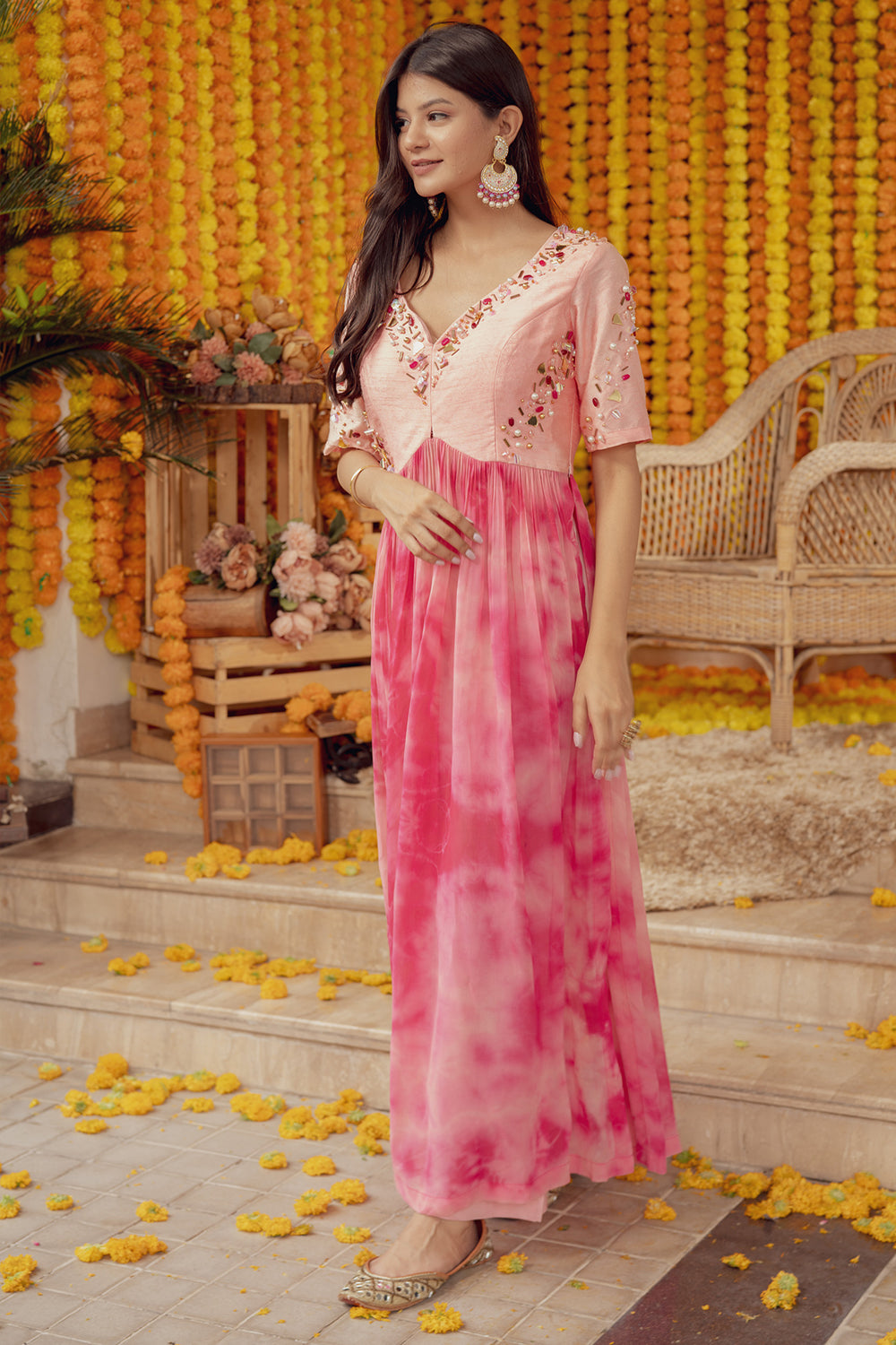 PINK EMBELLISHED TIE DYE FLARE DRESS (7758611775734)