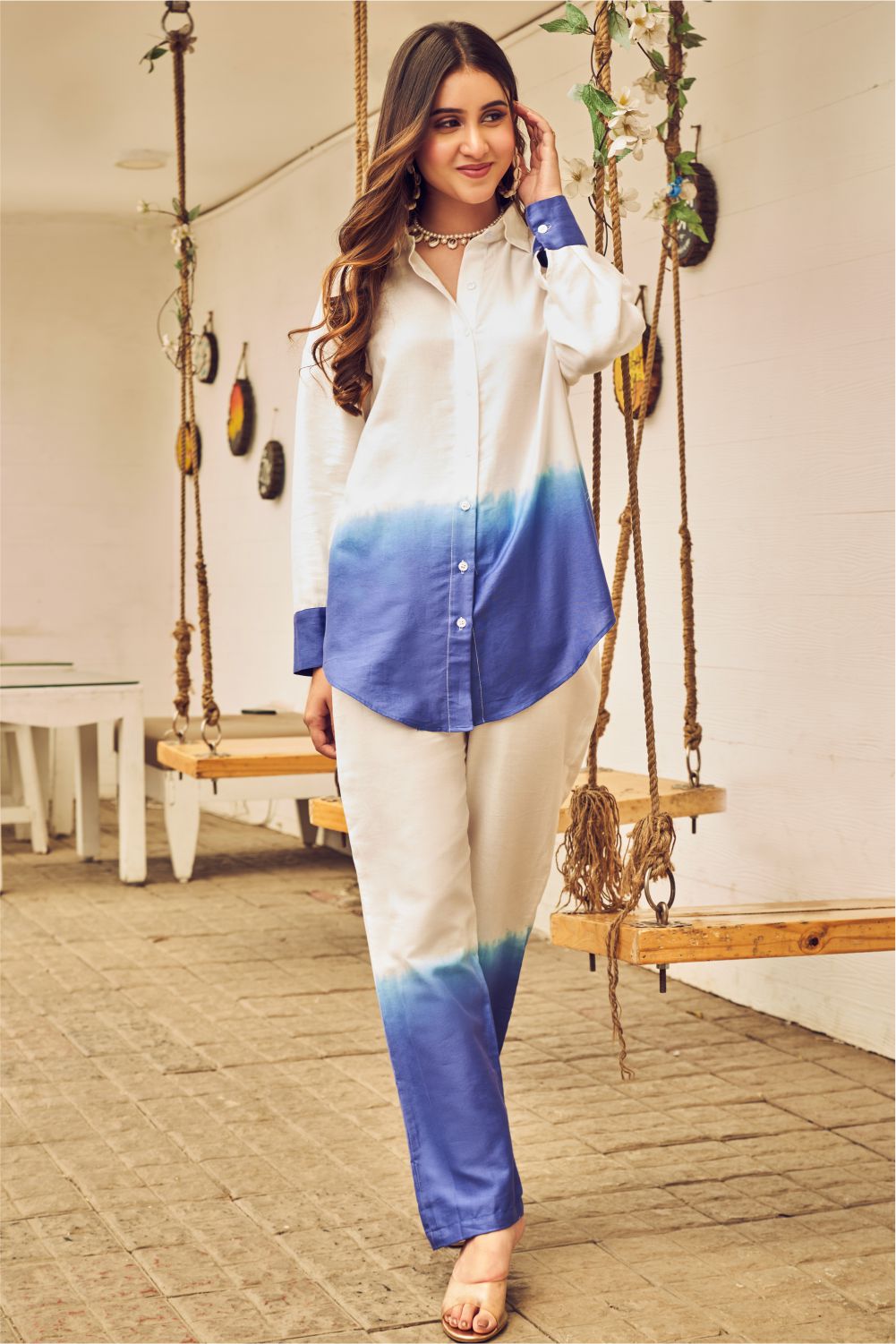 Boho White And Blue Ombre Oversized Shirt With Pants (8007390200054)