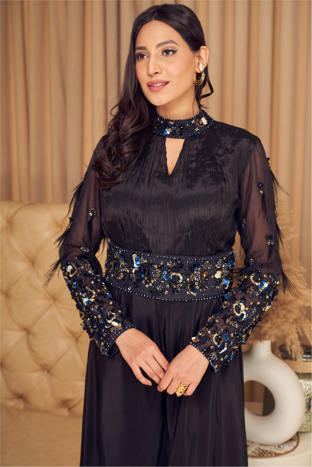 Black Jumpsuit with Ruched Body and Embellishments (7960726733046)