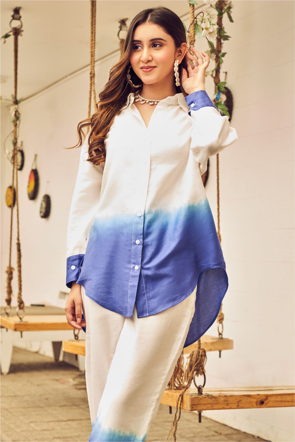Boho White And Blue Ombre Oversized Shirt With Pants (8007390200054)
