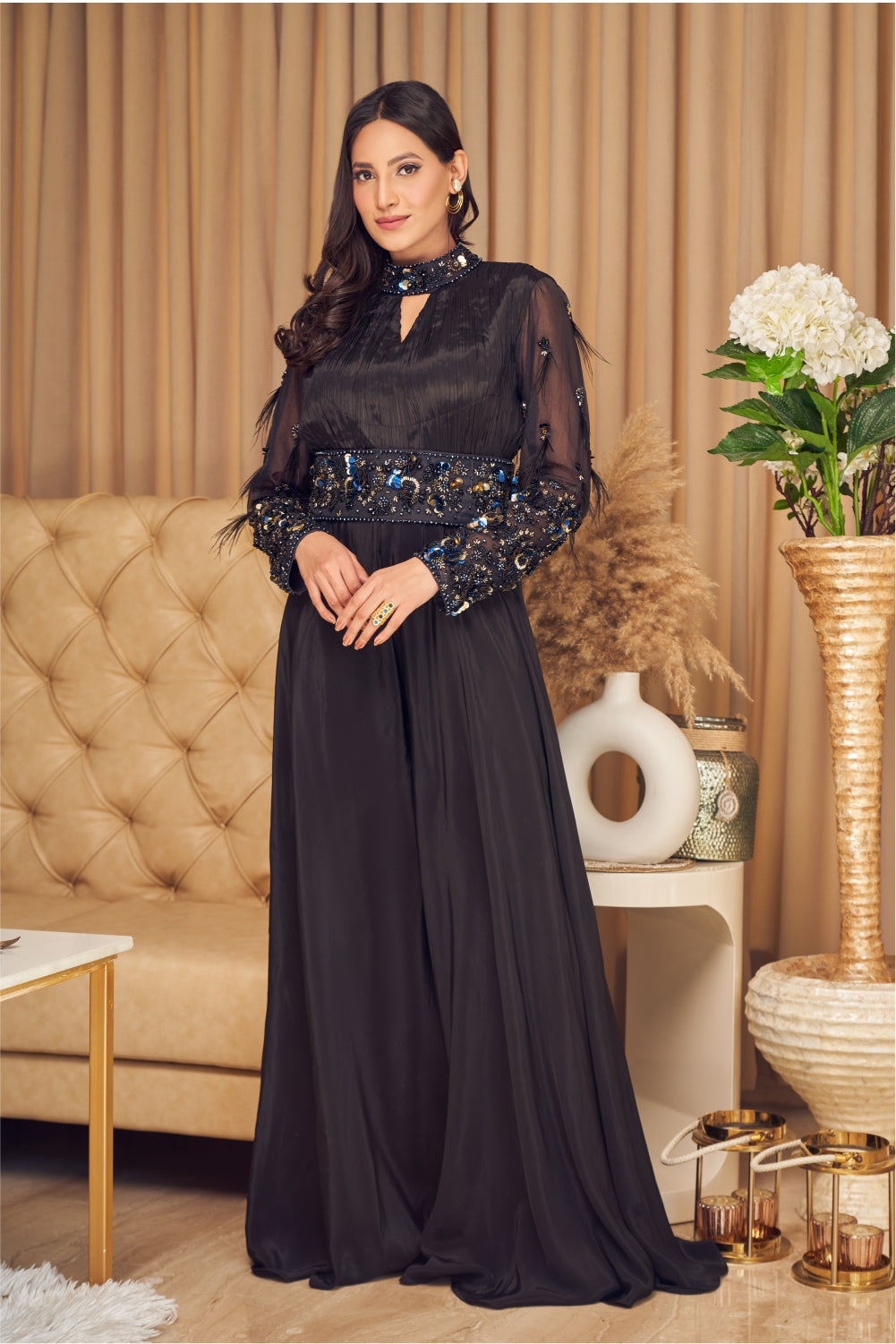Black Jumpsuit with Ruched Body and Embellishments (7960726733046)