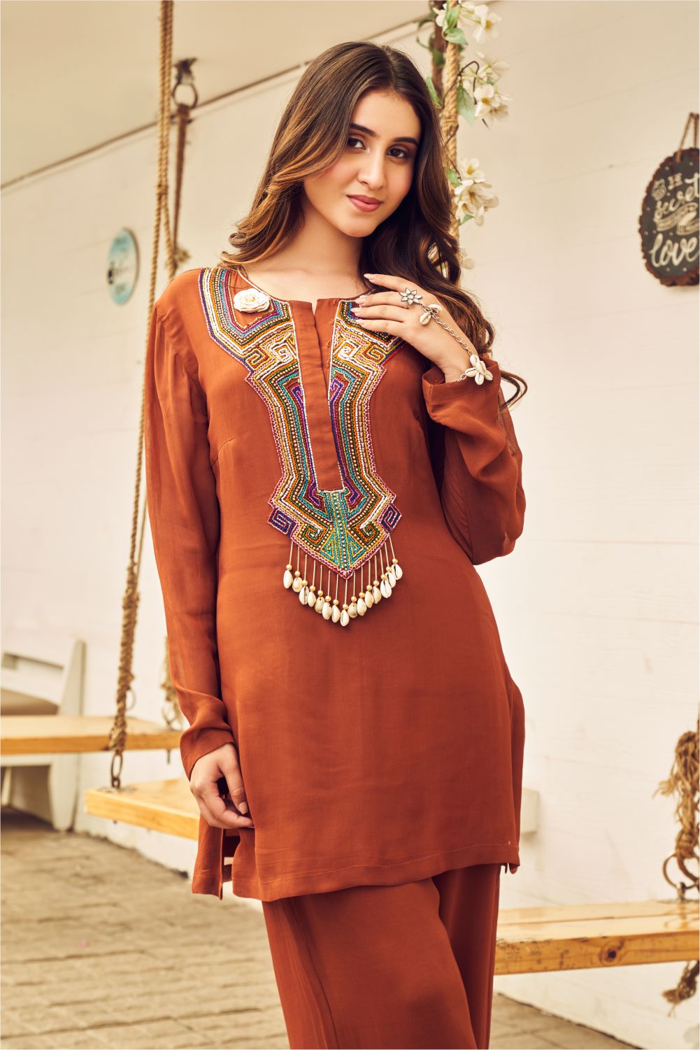Boho Brown Embellished Kurti With Pants (8007392395510)