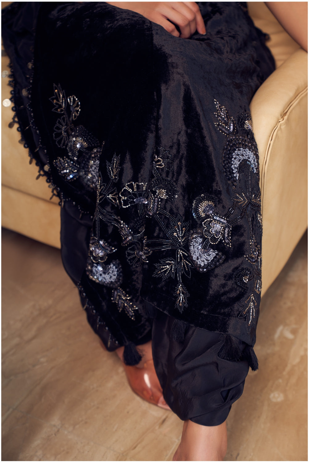 Black Velvet Kurta With Cowl Dhoti Style Bottom (7954740379894)