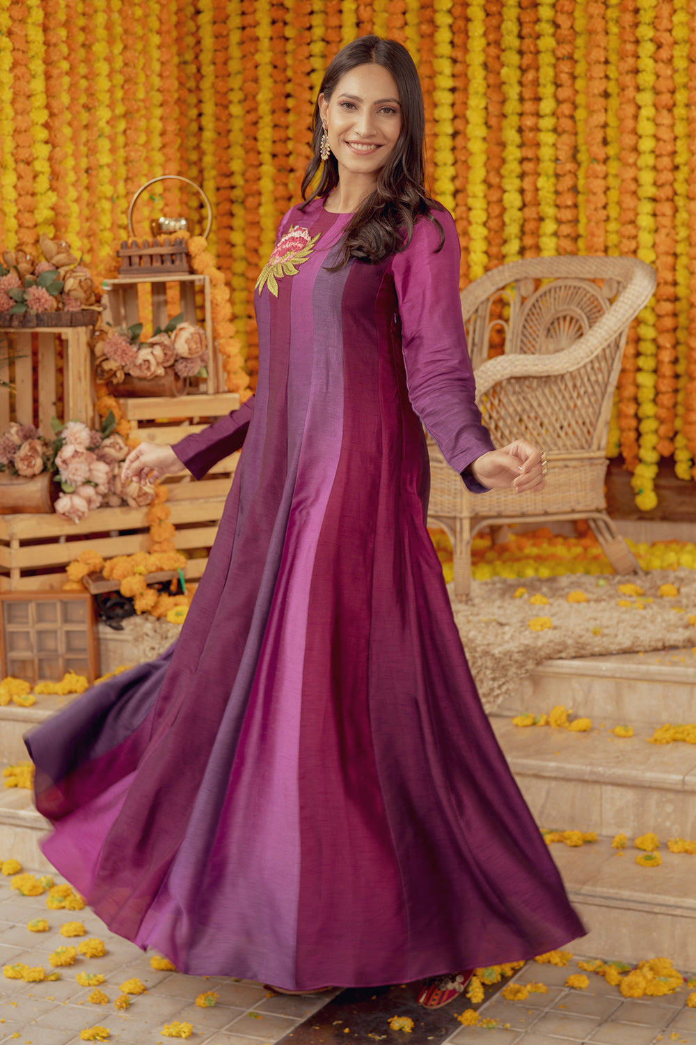 PURPLE OMBRE FLORAL EMBELLISHED FIT AND FLARE DRESS WITH TASSELS (7758604730614)