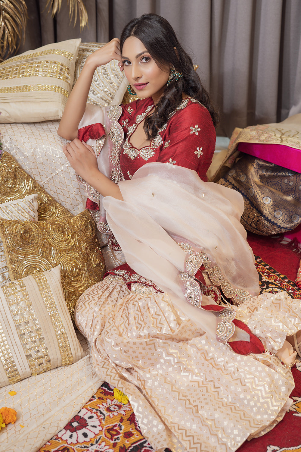 MOROON BANARASI SHARARA SET (6987821678775)