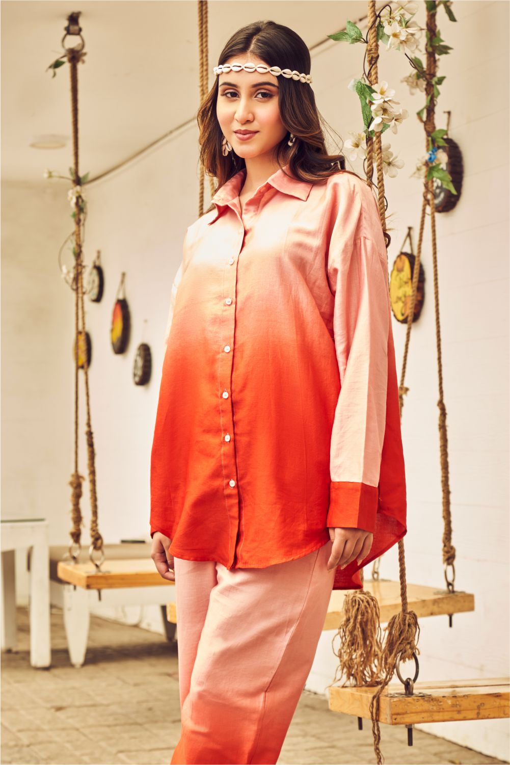 Boho Onion pink and Red Ombre Oversized Shirt With Pants (8007390462198)