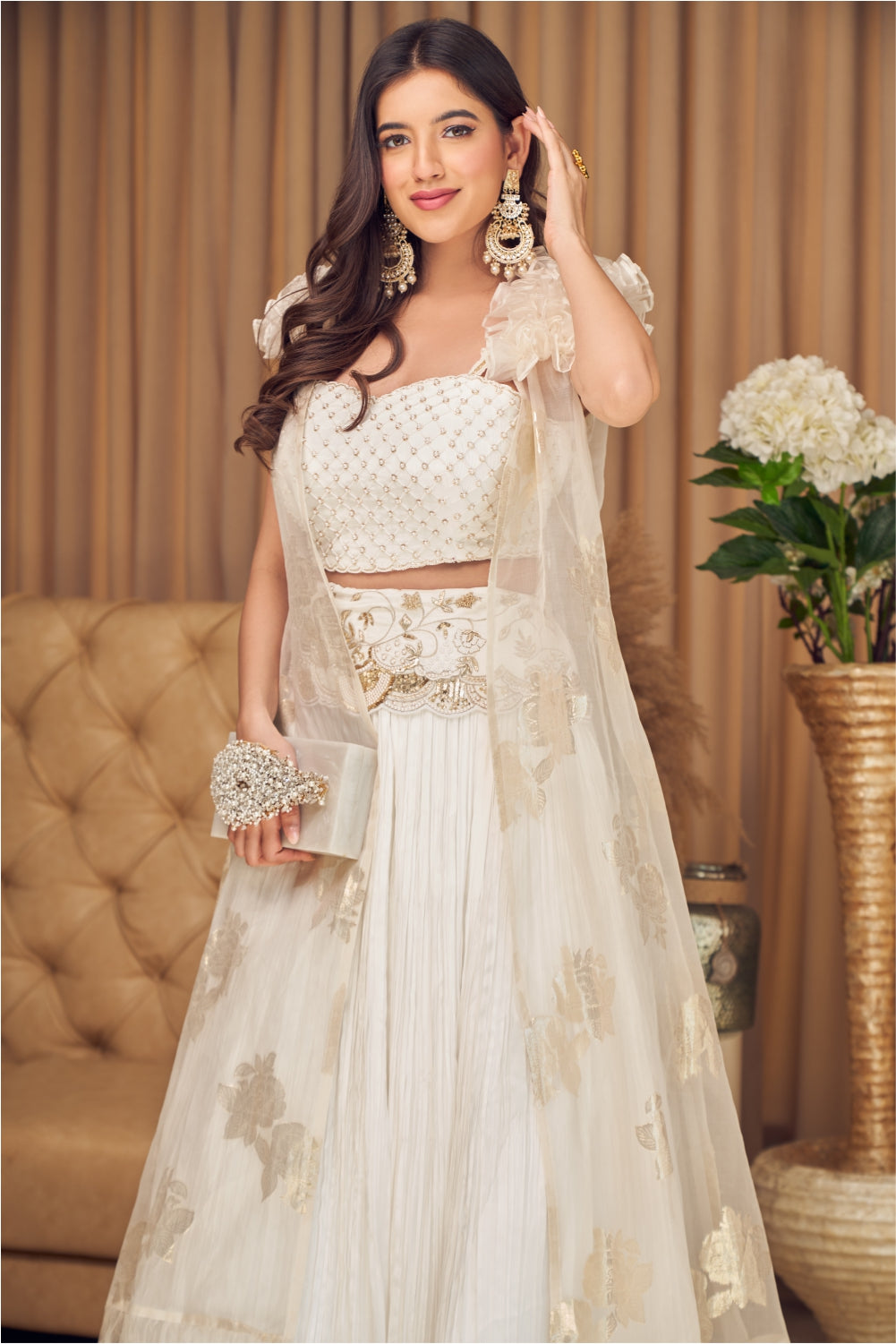White Lehenga Choli And Sleeveless Cape With Ruffles (7960723718390)
